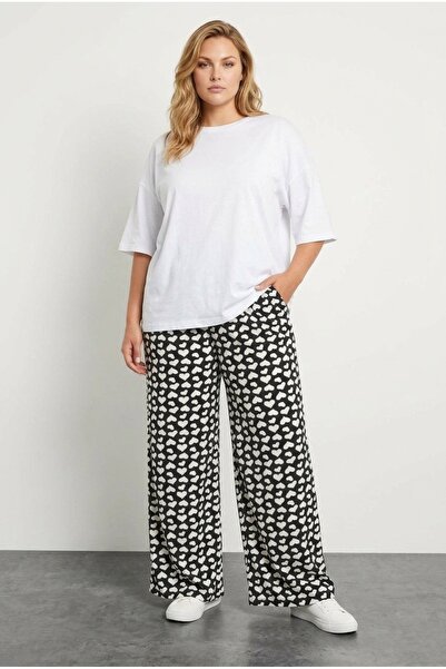 Stil Diva Mărime mare Talie elastică wide-leg Inimă cu model cu buzunare mate...