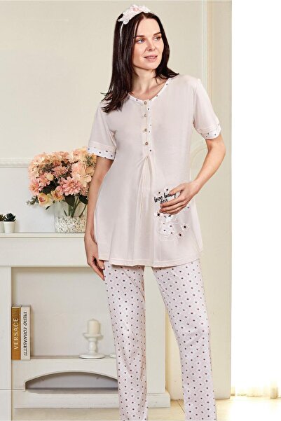 FLZ Maternity Short-Sleeved Pajama Set with Embroidery Details, Hospital Disc...