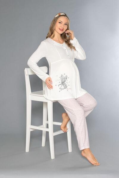 FLZ Pregnant Women's Long Sleeve Pajama Set with Embroidery Detail Zakkum 25-02