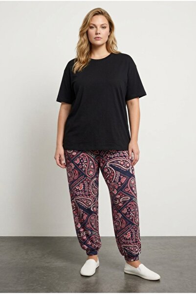 Stil Diva Pantaloni cu model etnic, cu buzunare, talie elastică, mărime mare ...