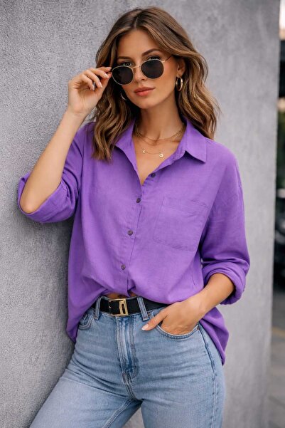 blackbonds Kadın Oversize Mor Keten Gömlek – Yaz Koleksiyonu