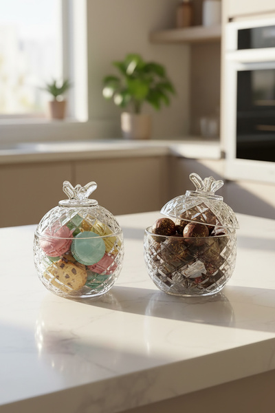 Exent Berry Cam Şekerlik Çiftli 285 ml, Cam Kapaklı Şekerlik, Cam Kase-2 ADET