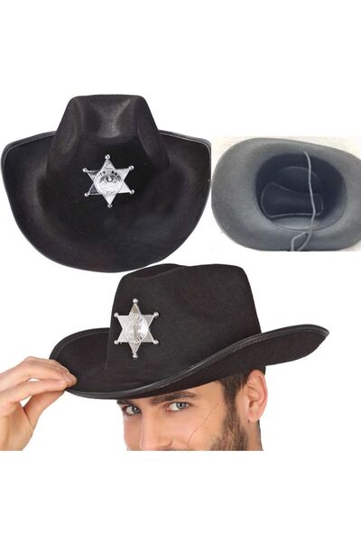 partidolu Καουμπόικο καπέλο σενάριο με κορδόνια για ενήλικες μαύρο χρώμα ρετρό