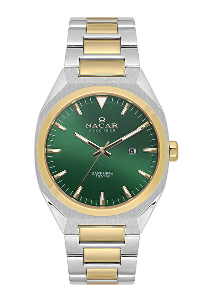 Nacar ساعة يد رجالية من زجاج الياقوت الرياضي فضي - ذهبي - أخضر NC08-29430737-CNM
