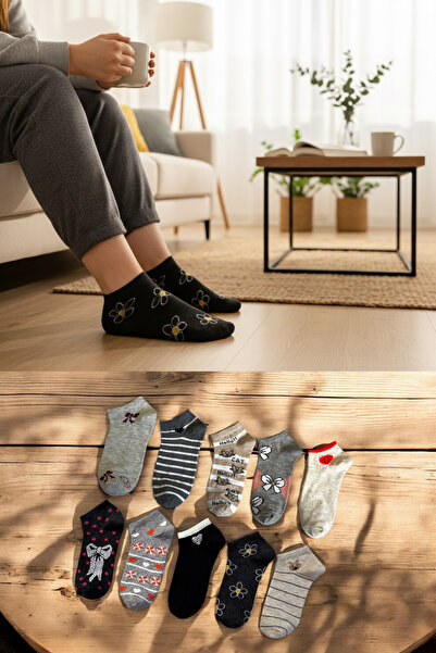 KAYSSOCK Kadın 10’lu Pamuklu Desenli Patik Çorap Seti Rahat Nefes Alan Karışı...