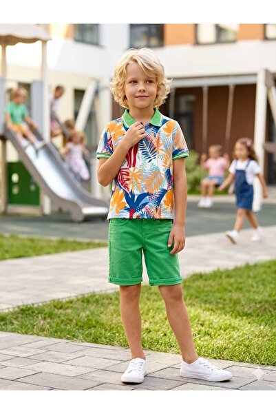 Hilal Akıncı Kids Boys' Patterned Collared T-Shirt Colorful Denim Shorts Set ...