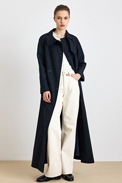 Olcay Reglan Sleeve Cape Detailed Lined Overcoat Dark Blue 4309