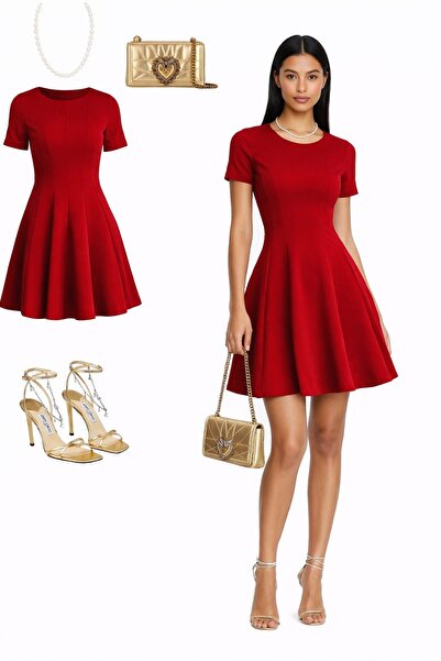 Markazzi Rochie elegantă de damă, bordeaux, cu mânecă scurtă, decolteu tip cr...