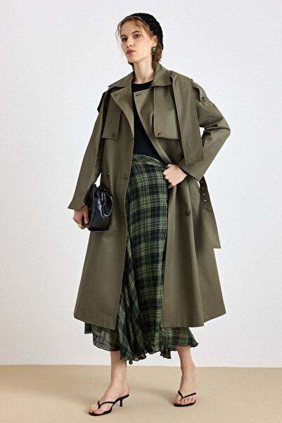 Olcay Water-Repellent Feature Trench Coat with Cape and Scarf Detail Haki̇ 6830