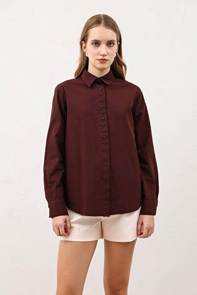 Antioch Bordo Düğme Detaylı Poplin Gömlek
