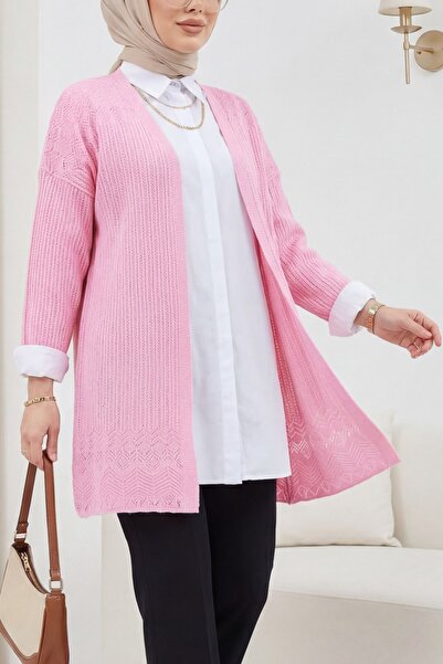 Modamorfo Skirt Patterned Lace-Like Knit Cardigan -Pink