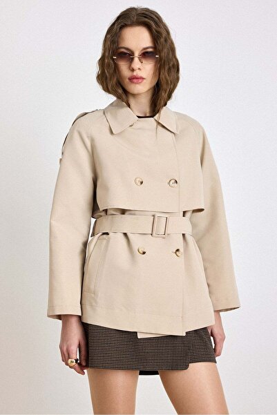 Olcay Cape Detailed Water-Repellent Feature a Unlined Short Trench Coat Stone...