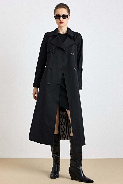 Olcay Pelerin Detaylı Punto Dikişli Su İtici Özellikli Trençkot SİYAH 6826