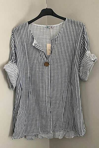 AYASOFYA OTANTIK Γυναικεία ιταλική λευκή ριγέ μπλούζα με μανίκια 3/4 oversize...