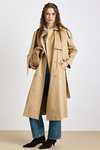 Olcay Water-Repellent Feature Trench Coat with Cape and Scarf Detail Kamel 6830