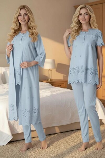 Pelin Kadın Keten Fistolu Sabahlıklı Lohusa Hamile Pijama Takım Seti