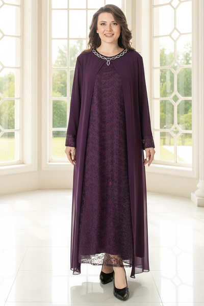 DENİMİNİ Kolye Detaylı Büyük Beden Tesettür Abiye Mürdüm DNM2418