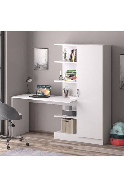 Bicabin Narin Raflı Kitaplıklı Kapaklı Dolaplı Çalışma Masası - Beyaz (Dolap ...