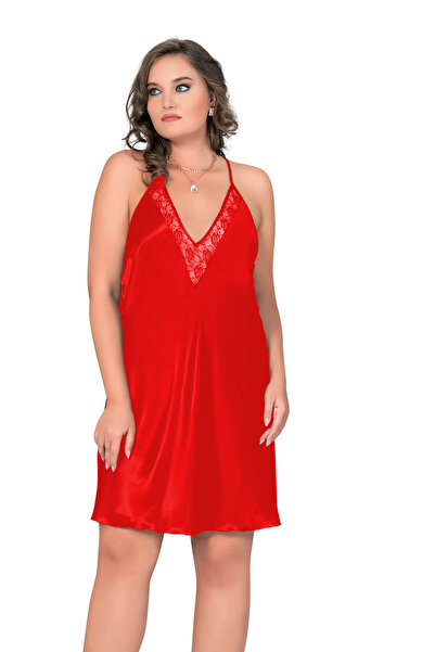 Hepsine Rakip ثوب نوم نسائي من الساتان كبير الحجم برقبة على شكل حرف V مع تفاص...