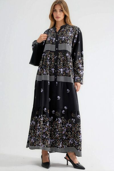 Hiccup Patterned V-Neck Buttoned Long Dress