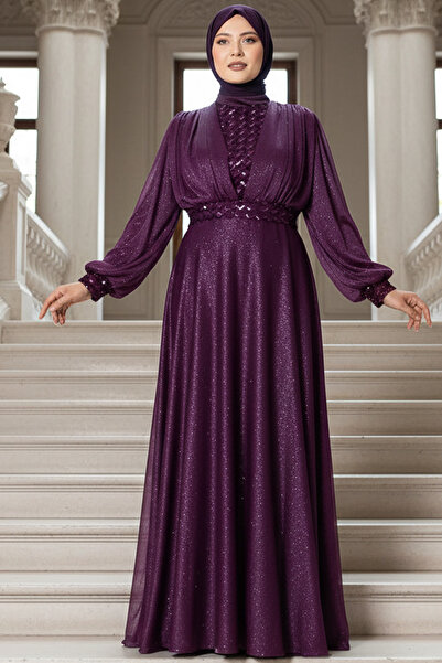 DENİMİNİ Simli Tül Rahat Kalıp Payet İşlemeli Büyük Beden Tesettür Abiye Mürd...