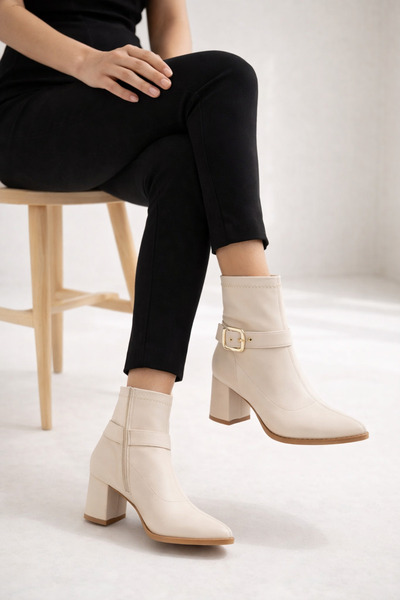 Pinhal Home Streç Bilekli Toka Detaylı Orta Boy Kalın Topuklu Sivri Burun Kad...