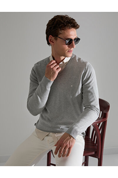 Pierre Cardin Pulover tricotat de bază, gri deschis, melanj, slim fit, cu dec...