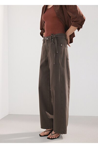 MANGO Woman Kordonlu geniş paça jean pantolon