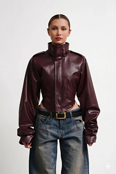 NET OF NOT Yeni Sezon Crop Dik Yaka Kadın Deri Ceket