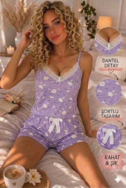 Lady Queen σετ πιτζάμες με δαντελένιο σορτς από ύφασμα μπαμπού