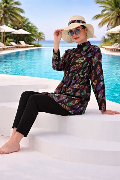 MAG FASHİON ملابس سباحة حجاب مقاس كبير مكونة من قطعتين - بوركيني بسحاب حول ال...