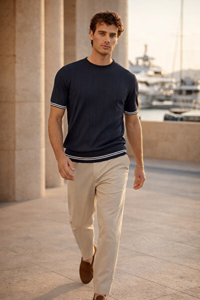 Valiberta Ανδρικό T-Shirt Dale Kollaris με ριγέ λαιμόκοψη, λεπτό πλεκτό, κανο...