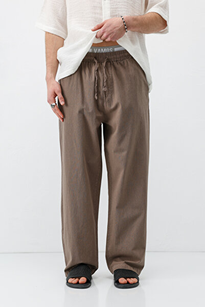 VAMOSCLO Bel Lastikli Baggy Fit Keten Pantolon Açık Kahve