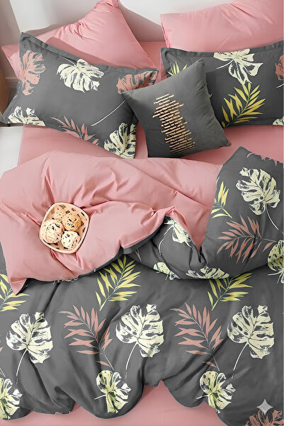 İQON Fitted Sheet Duvet Cover Set Single Leaf Gray