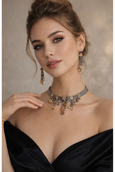 ELUNE İSTANBUL & Milano Vintage Floral Detailed Necklace Earrings Jewelry Set