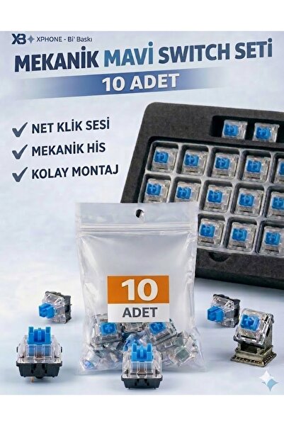 md Mavi mekanik klavye Blue Switch tactile klik sesli yedek tuş 10 adet