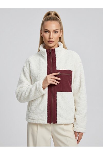 Grenj Fashion Bordo Garni Detaylı Ekru Peluş Örme Spor Ceket