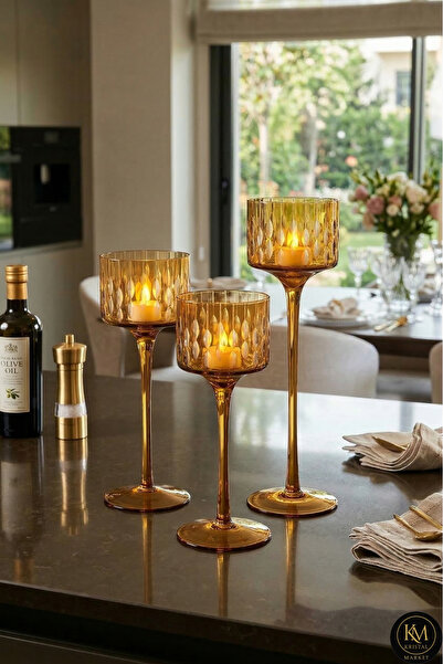 Kristal Market El Yapımı Kristal Damla Desen Dekoratif Mumluk Set 3'lü