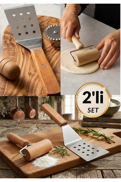 BRE HOME 2'li SET Ahşap Saplı Metal Spatula ve rulo Merdane – Paslanmaz Çelik...