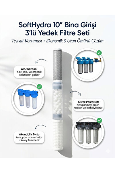 Softhydra 10" Bina Girişi 3'lü Filtre Seti - Kireç Önleyici Silifoz, CTO ve Y...