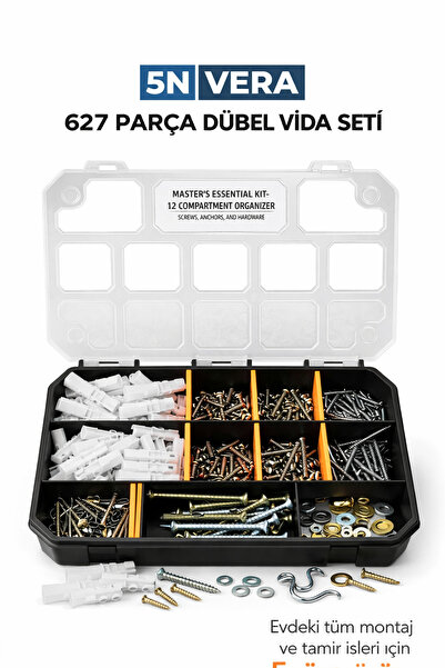 5NVERA 627 Parça Vida Dübel Seti – Organizer Kutu Montaj ve Tamir Seti Çivi P...