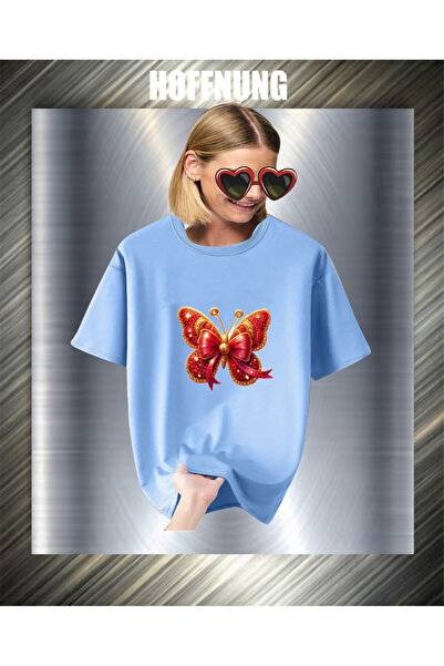 HOFFNUNG Unisex Short Sleeve Round Neck Red Butterfly Printed Solid Color Tshirt