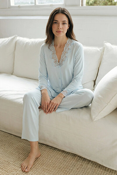 Espuar Дамски пижамен комплект от пениран памук с дантелени детайли, горнище ...