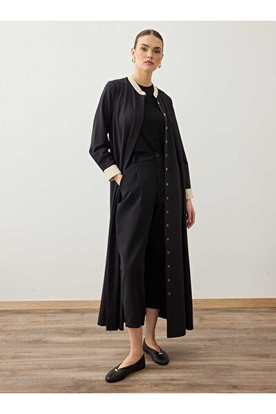Refka Krep Kumaşlı Gizli Pat Detaylı Kap / Pardesü - Siyah - Taş -