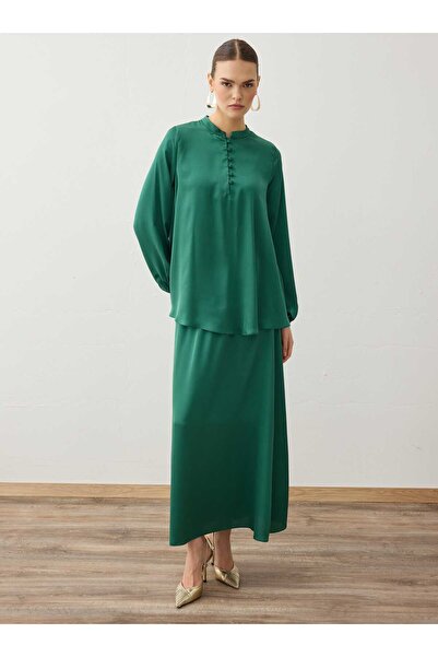 Refka Set tunică și fustă cu nasturi din țesătură satinată - Verde închis