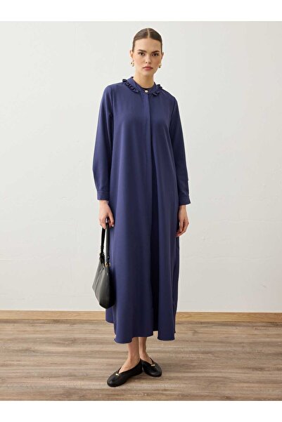 Refka Krep Kumaşlı Yakası Fırfır Detaylı Kap / Pardesü - Lacivert -