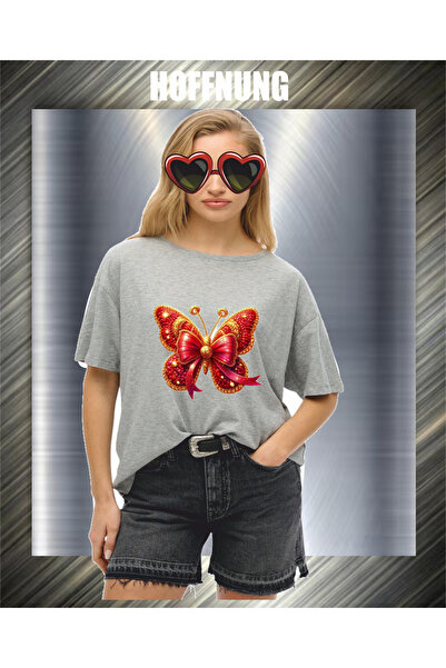 HOFFNUNG Unisex Short Sleeve Round Neck Red Butterfly Printed Solid Color Tshirt