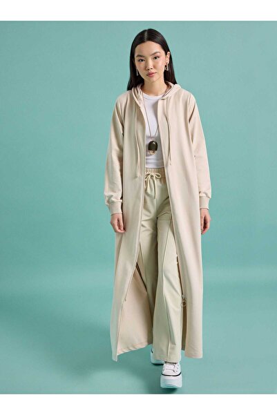 Benin Kapüşon Detaylı Fermuarlı Spor Kap / Pardesü - Tas rengi -