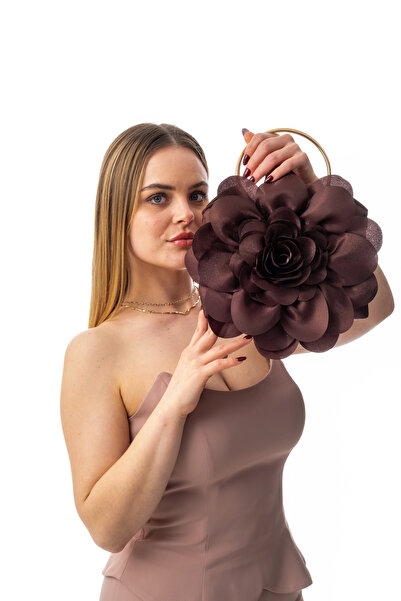 GUSTELLO Kahverengi Saten Çiçek Detaylı Kadın El Çantası - Gold Metal Saplı A...