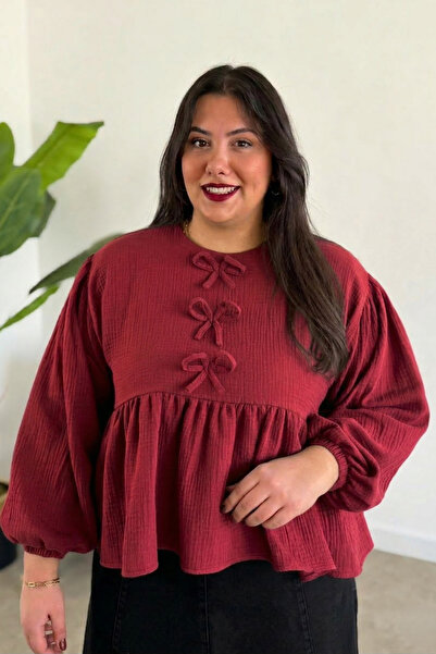 CHUL BÜYÜK BEDEN KADIN MÜSLİN FIRFIR VE KURDELE DETAYLI BLUZ